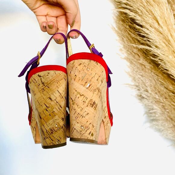 KATE SPADE Purple Red Colorblock Penny Cork Wedges Heeled Sandals Slingback 9.5 - Picture 3 of 12
